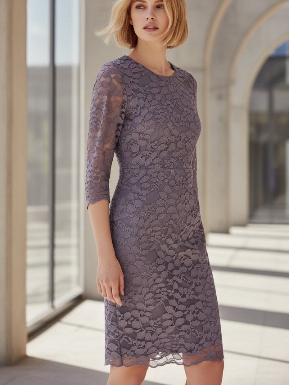 GARNET HILL Gray Floral Lace 3/4 Sleeve Dress Size 00